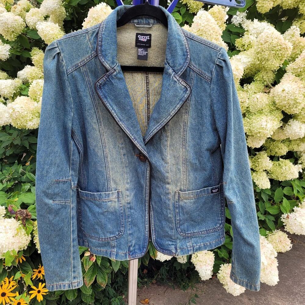 Coffee Shop Women's Denim Jacket Blazer Piping Decorative Button Fading sz Large
